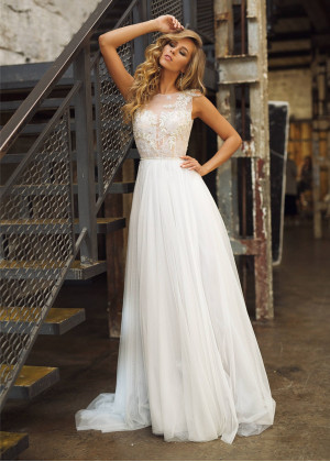 Beaded Light Grey Lace Tulle Deep V Back Wedding Dress